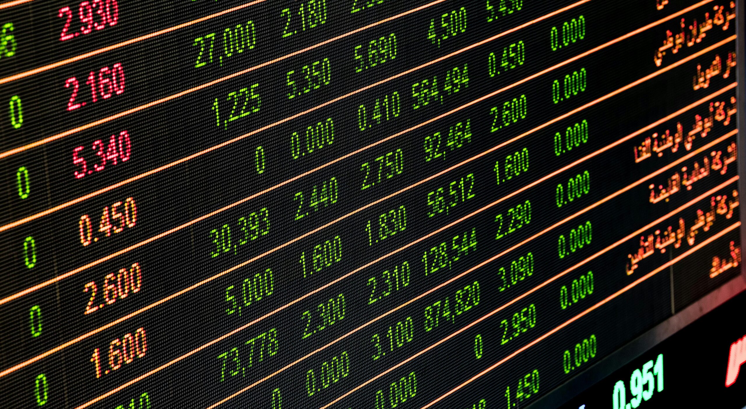 features Detailed view of a stock market screen showing numbers and data, symbolizing financial trading.